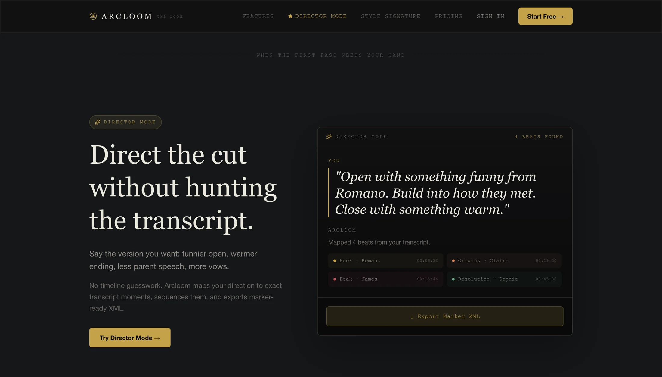 Arcloom Director Mode with creative direction mapped to transcript beats