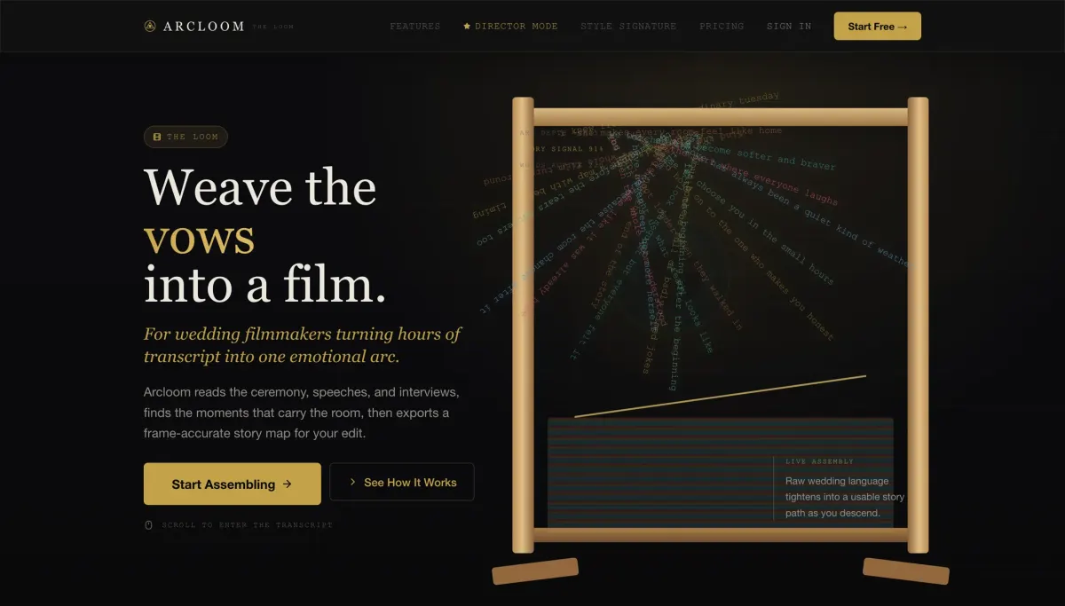 Arcloom story assembly app landing page with animated loom concept