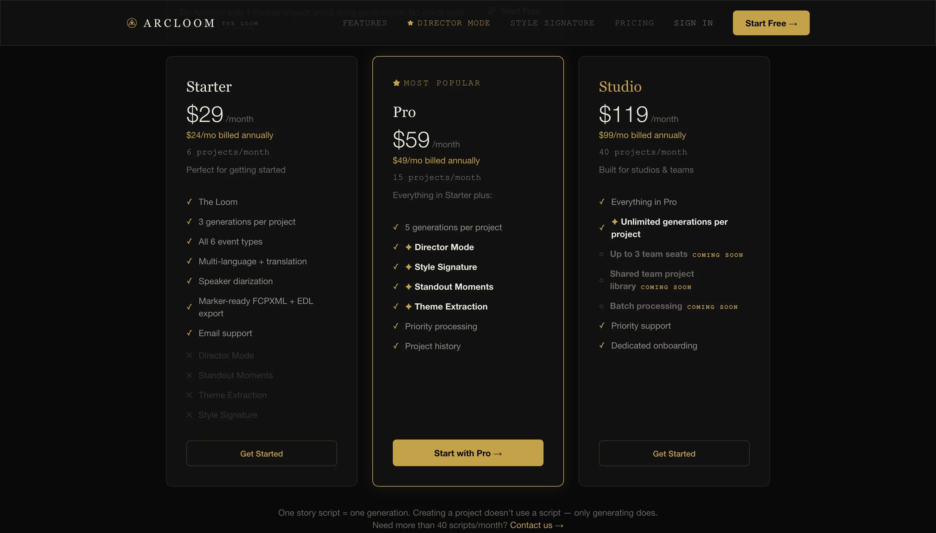 Arcloom pricing page with Starter, Pro, and Studio plans