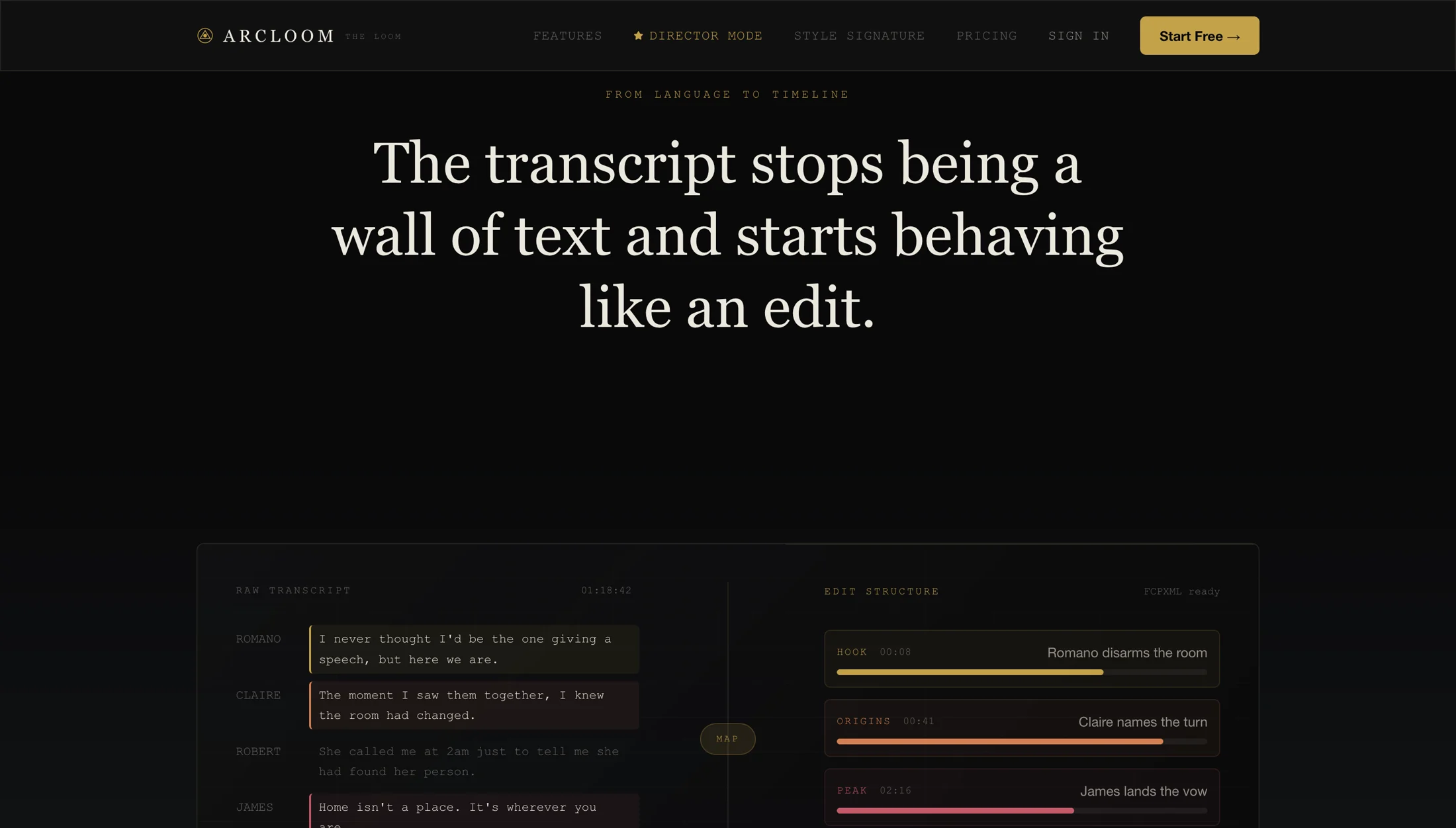 Arcloom transcript lines mapped into an edit structure