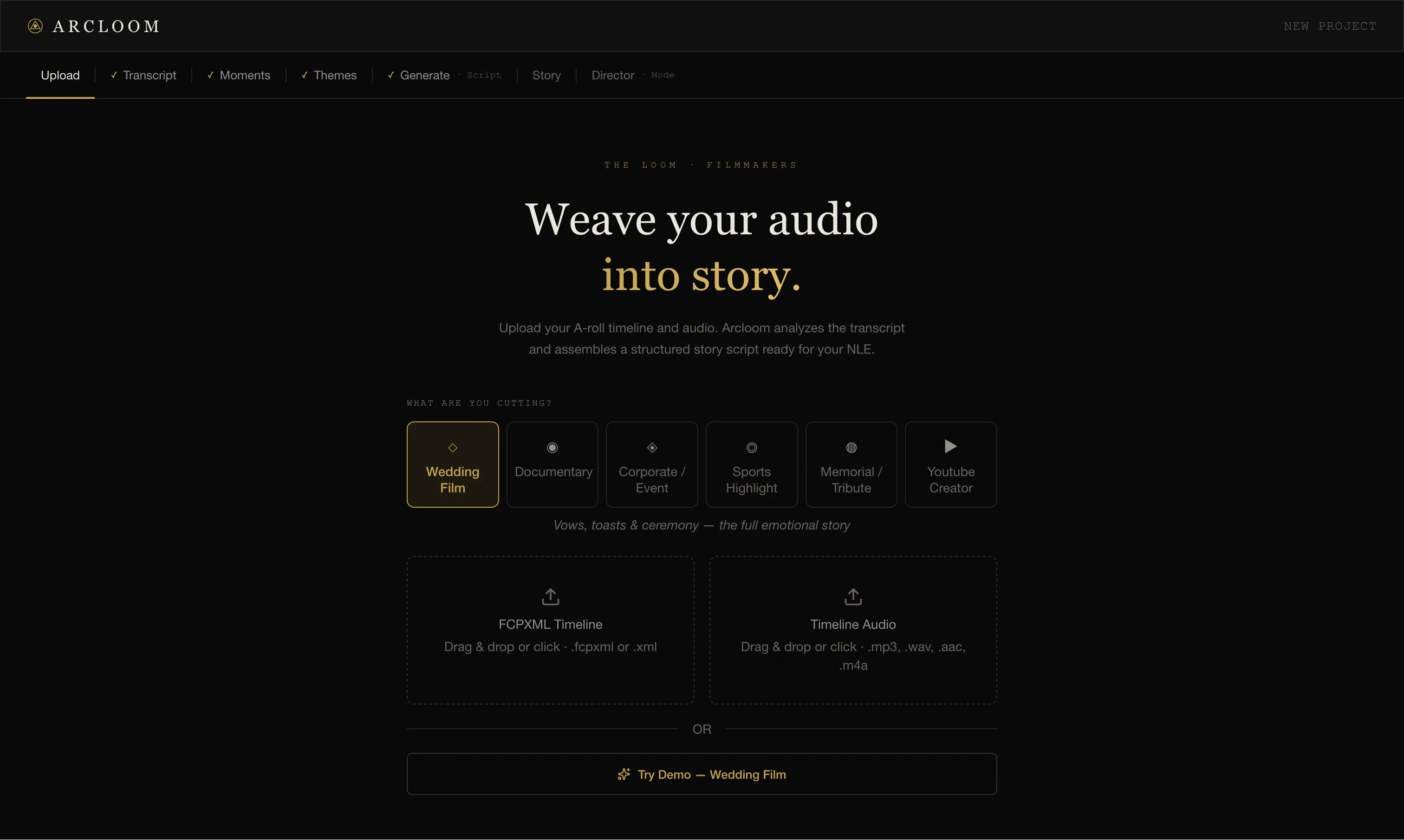 Arcloom upload screen for project type and timeline audio