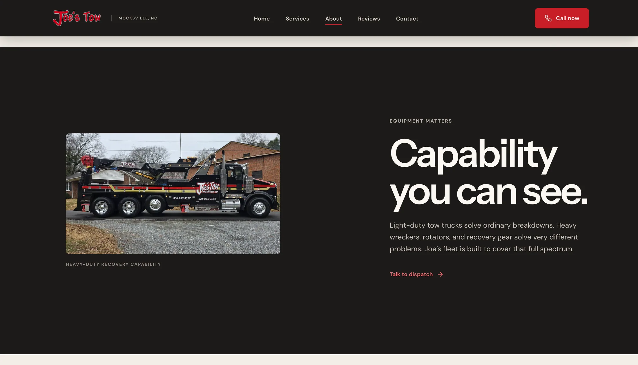 Joe's Tow about page heavy-duty recovery capability section