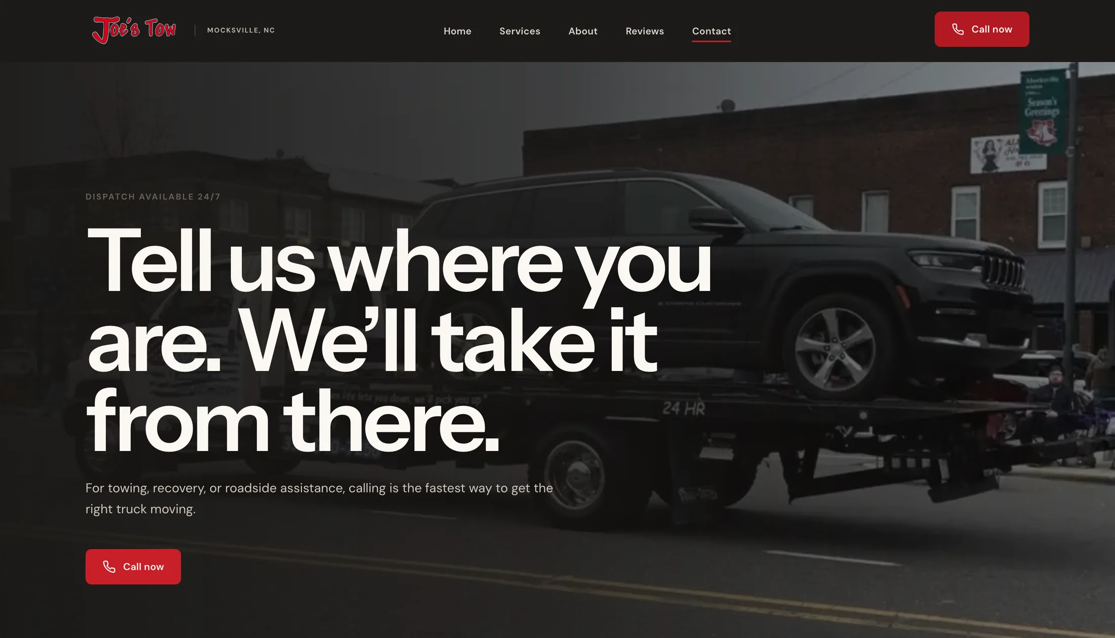 Joe's Tow call-first contact page for 24/7 dispatch