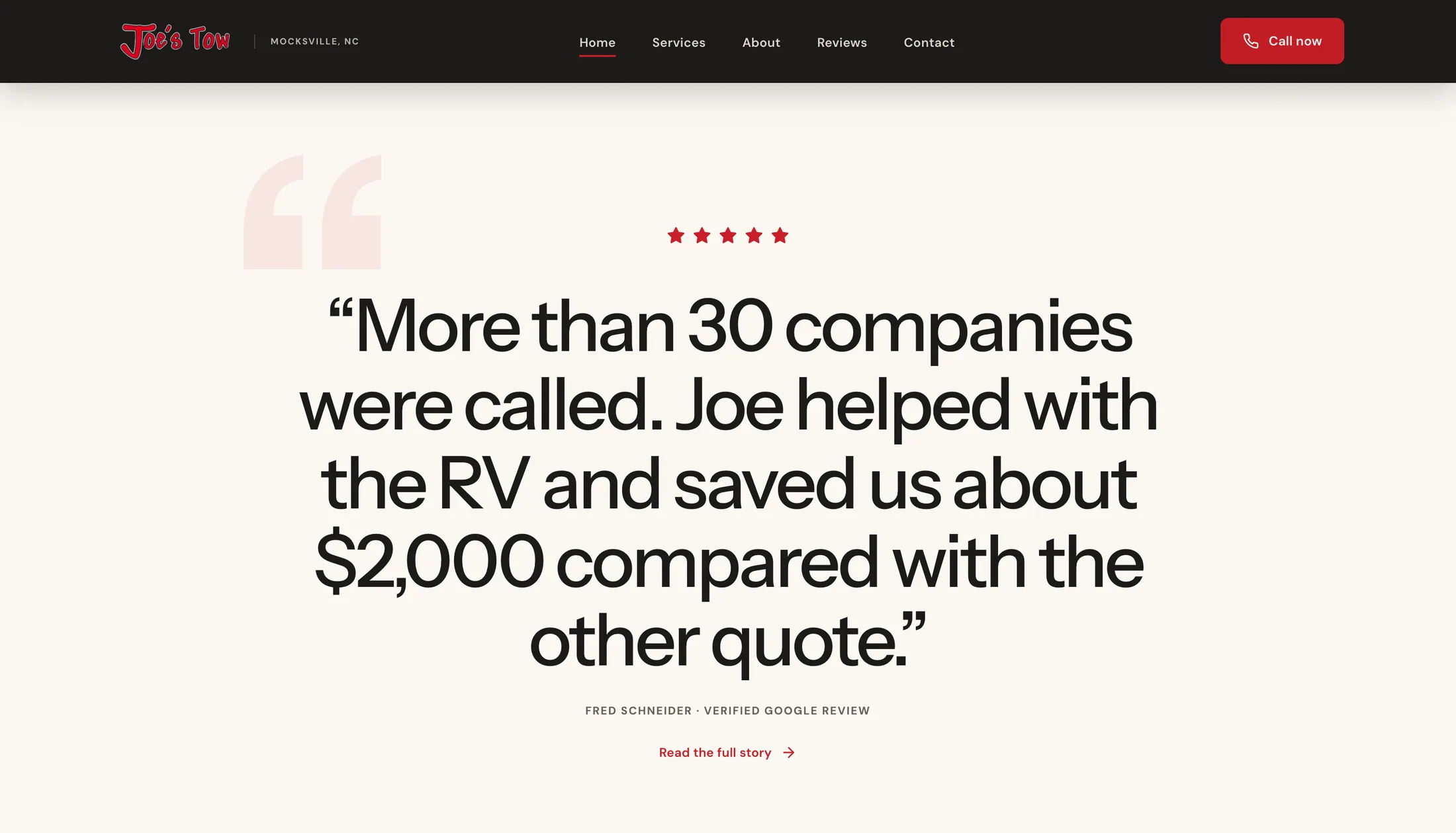 Joe's Tow featured five-star customer review