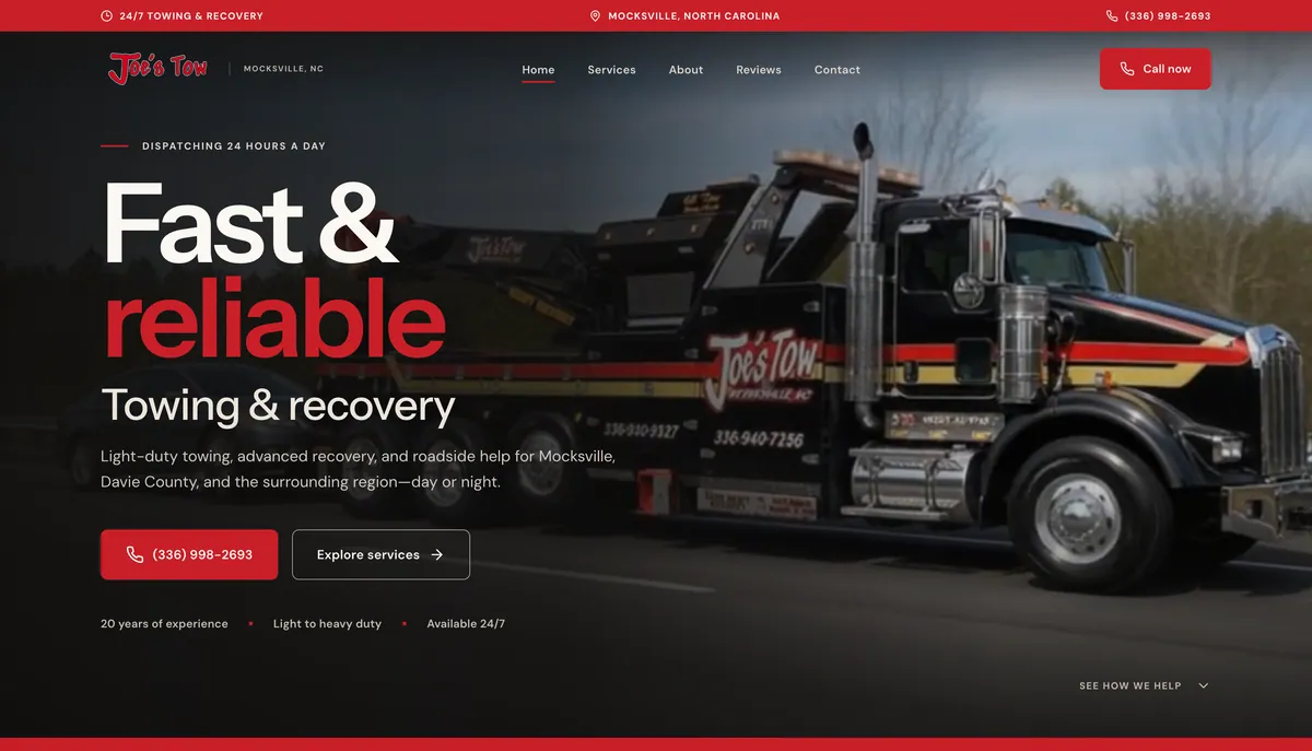 Joe's Tow 24/7 towing and recovery website homepage