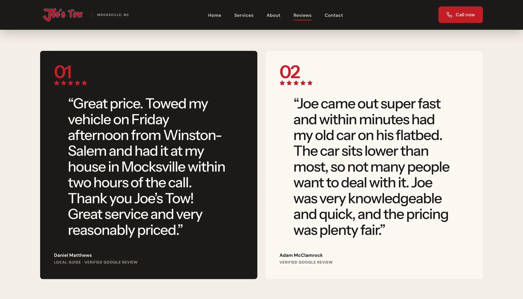 Joe's Tow reviews page with verified customer experiences