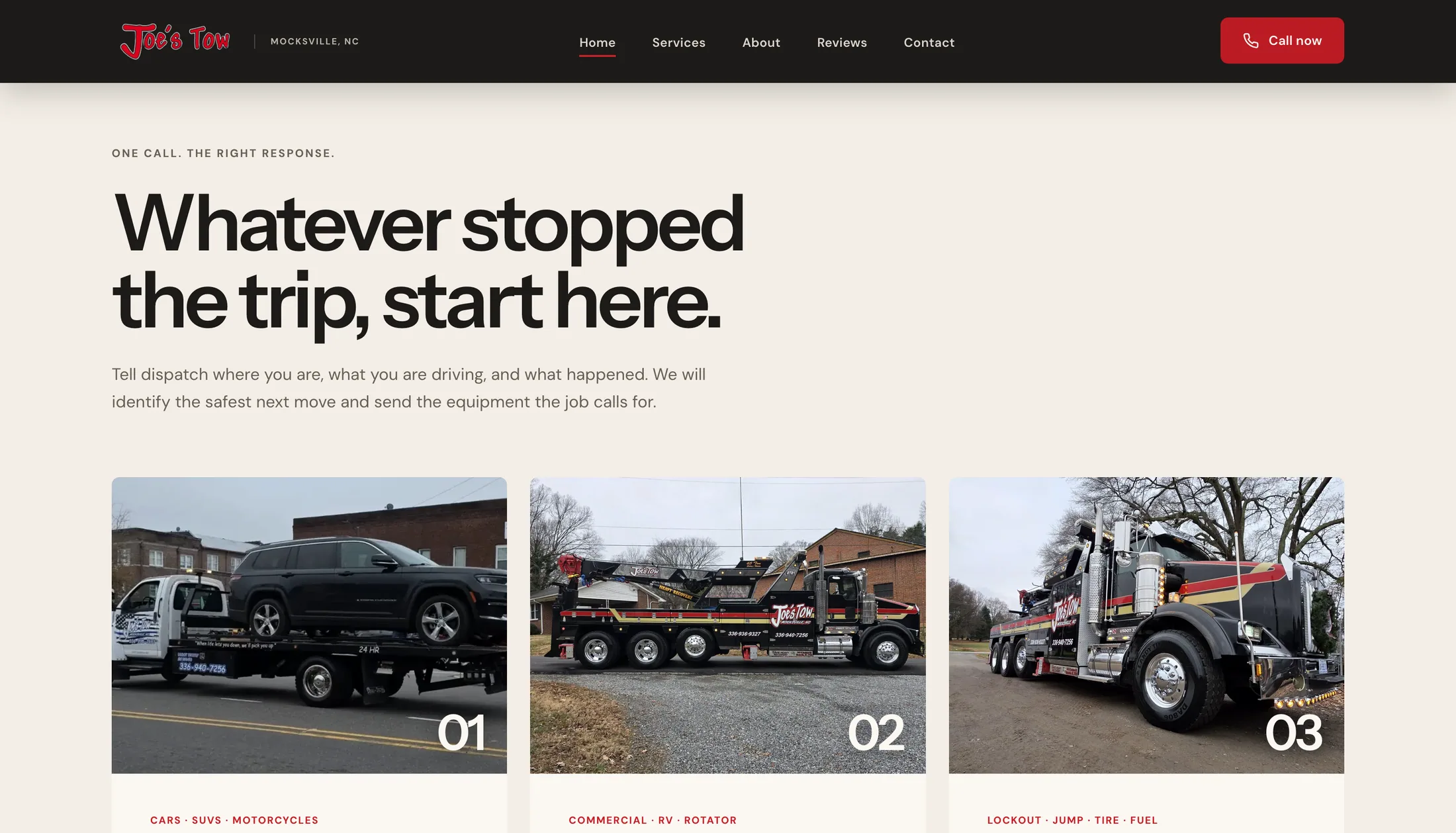 Joe's Tow homepage service cards for light-duty, commercial, and roadside assistance