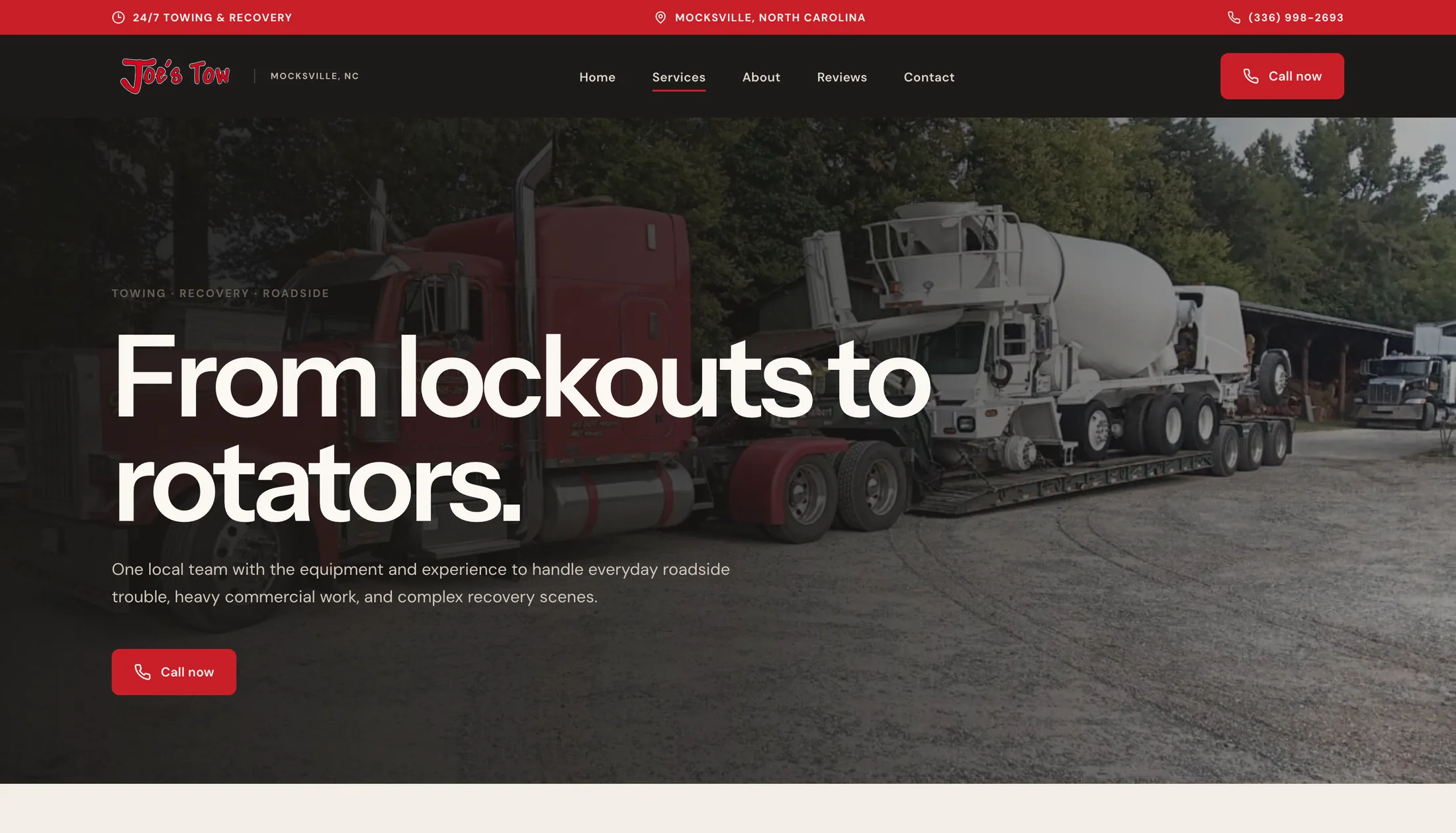 Joe's Tow towing and recovery services page hero