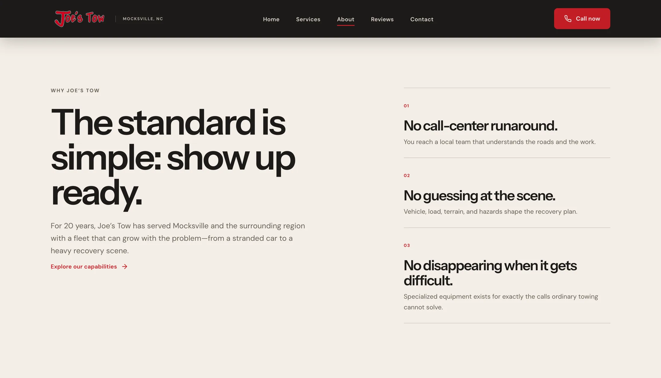 Joe's Tow about page standards and local service principles