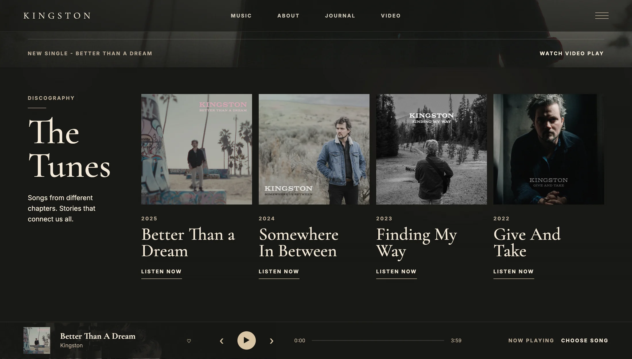 Kingston discography with albums and persistent audio player