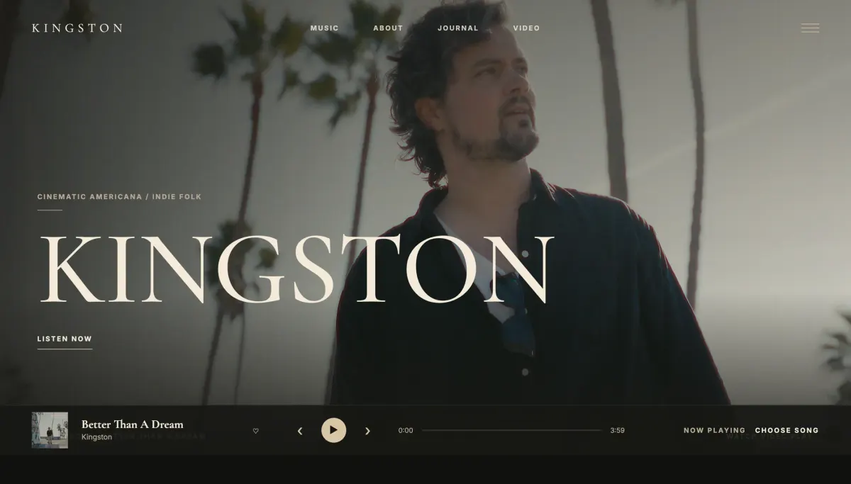 Kingston cinematic Americana artist website with persistent music player