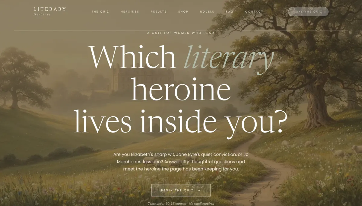 Literary Heroines classic character quiz and shop homepage