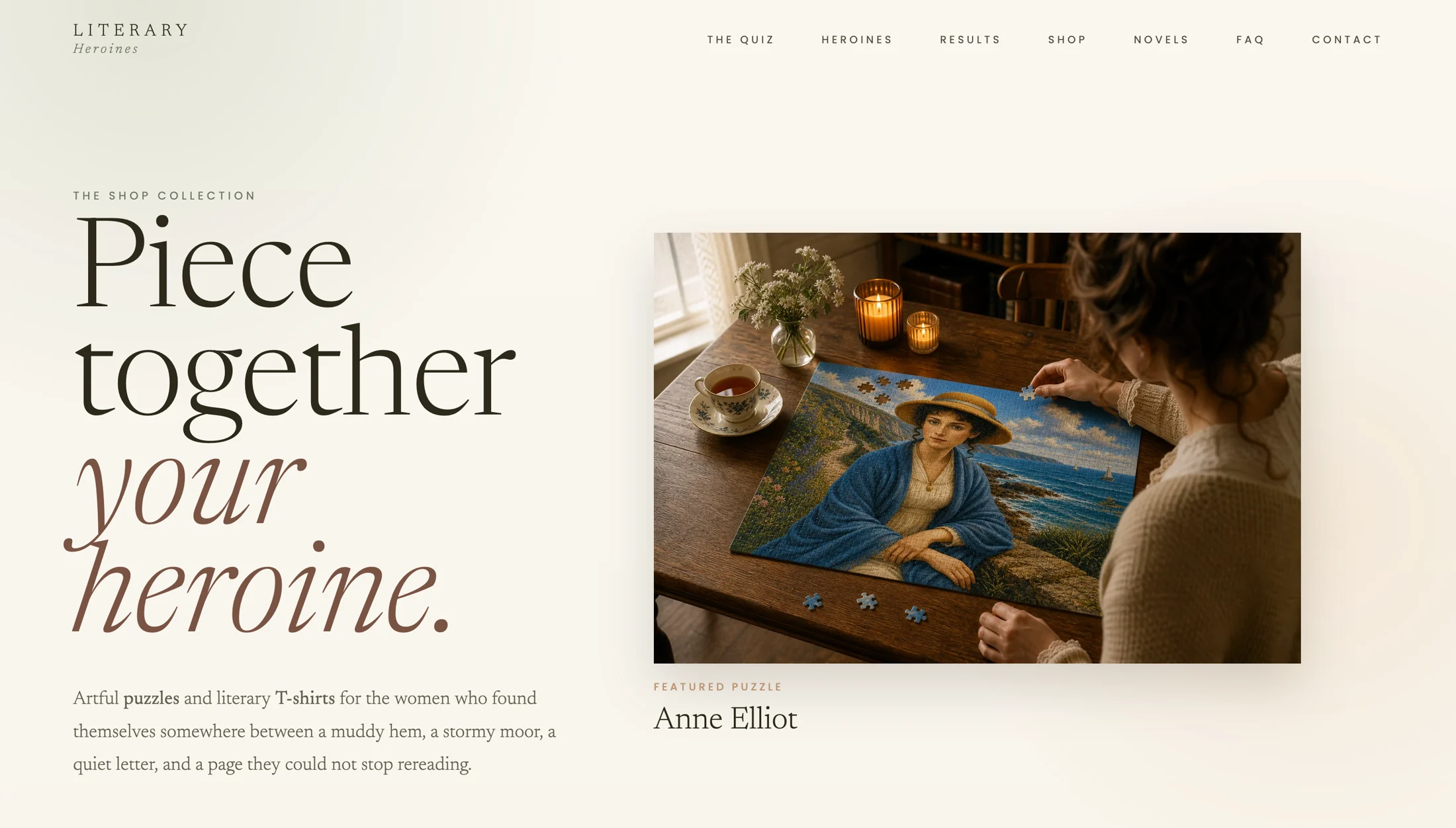 Literary Heroines shop homepage with puzzle feature