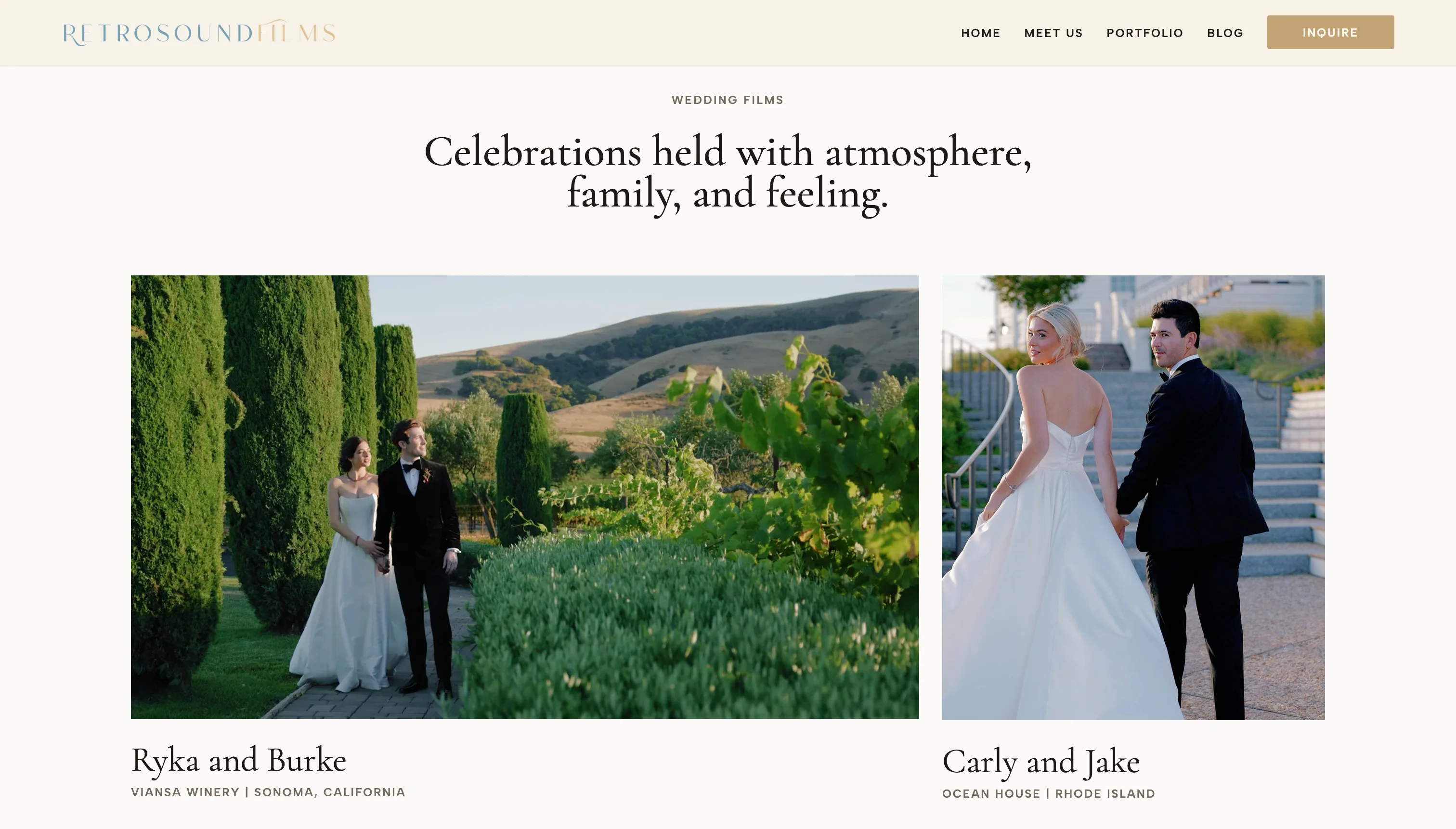 Retrosound Films portfolio page with featured wedding films